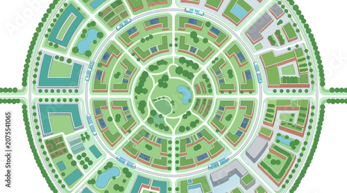 Aerial View of Circular City Planning with Green Spaces and Modern Architecture