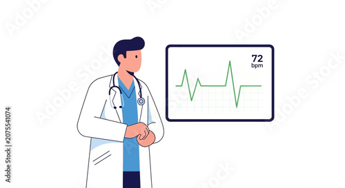Doctor showing heart rate monitor display with ECG graph and 72 bpm