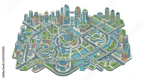Futuristic Cityscape with Green Spaces and Waterways