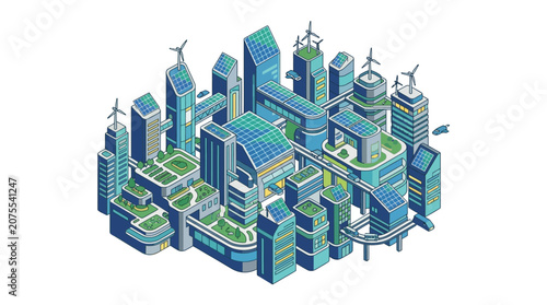 Futuristic Eco City with Solar Panels and Wind Turbines, Sustainable Urban Landscape