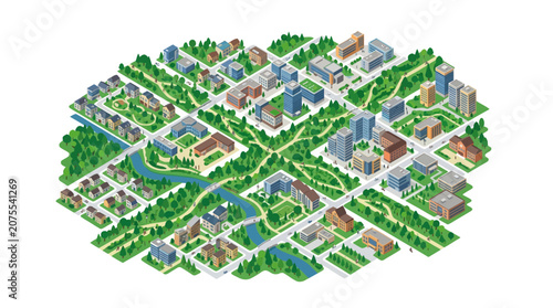Isometric Cityscape Illustration: Green Urban Planning, Residential and Business Districts