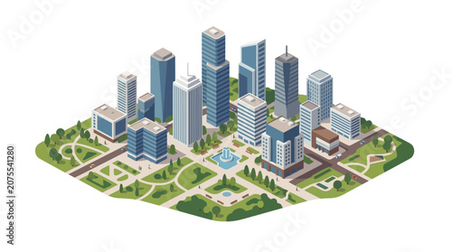 Isometric Cityscape with Modern Buildings, Parks, and Fountain