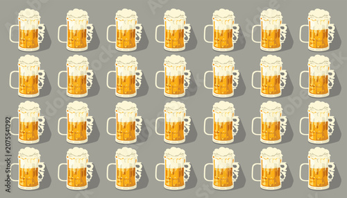 Obraz na plátne A repeating pattern of numerous frothy beer mugs on a solid grey background, creating a festive and refreshing beverage design