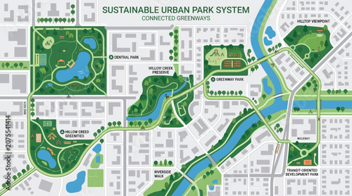 Sustainable Urban Park System Map: Connected Greenways for City Living