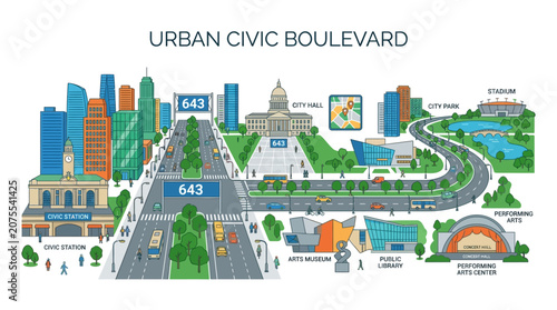 Urban Civic Boulevard with City Hall, Arts Museum, Stadium, and Public Library