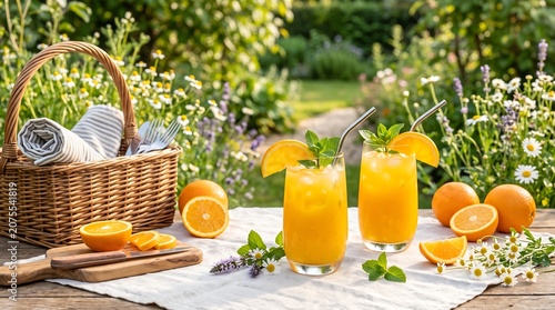 Fresh orange juice glasses and picnic basket on a wooden table in a sunny garden.