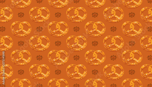 Foto A warm, seamless pattern featuring golden-brown pretzels and smaller stylized pretzel shapes on a rich orange-brown background, creating a rustic and appetizing design