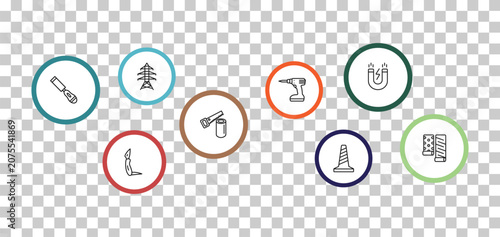 Foto outline construction and tools icons set - electric tower, inclined magnet, chisel, jackknife