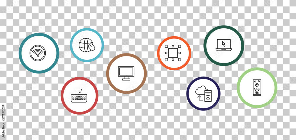 Φωτογραφία outline computer icons set - surfing the net, open laptop on, wi fi, classroom keyboard