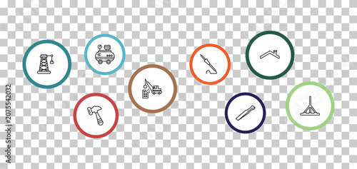 фотографія outline construction icons set - air compressor, roof, derrick with boxes, inclined hammer