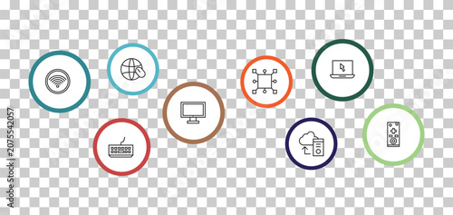 Photography outline computer icons set - surfing the net, open laptop on, wi fi, classroom keyboard
