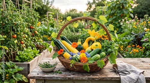 Freshly harvested summer vegetables in a rustic wicker basket on a wooden table in a lush garden.
