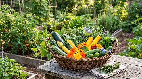 Freshly harvested organic summer vegetables in rustic basket on garden table.