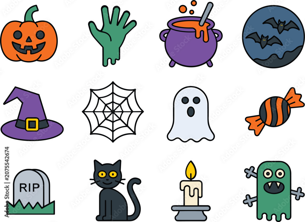 Fototapeta premium Halloween Doodle Icons Collection Illustration, Spooky Holiday Symbols Set, Cute Cartoon Vector Design Artwork