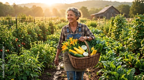 Happy senior woman carrying a basket of fresh harvest in a sunny vegetable garden.