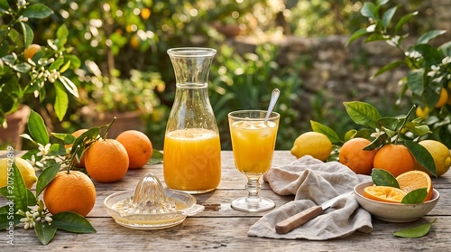 Freshly squeezed orange juice in a sunny Mediterranean grove on a rustic wooden table.