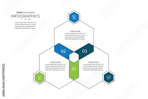 Hexagonal Venn diagram infographic template featuring three option areas; a vector illustration for business infographics.