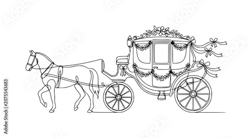 Obraz na plátně Elegant horse-drawn carriage decorated with flowers and ribbons, single line art