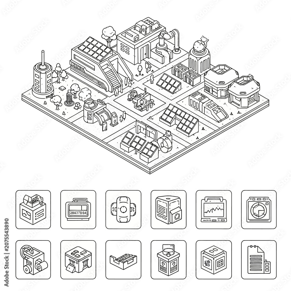 Obraz premium Isometric industrial zone with machinery.