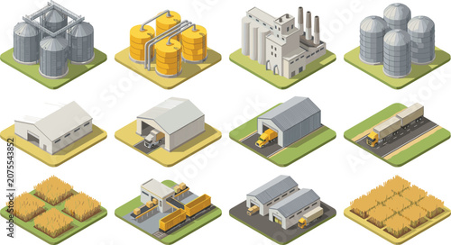 Foto Isometric Agricultural Industrial Facility Icon Set Featuring Grain Elevators Wa
