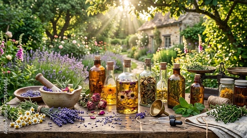 Herbal apothecary oils in sunlit cottage garden.