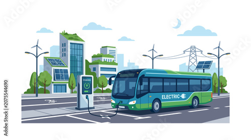 Electric bus charging at station in modern green city with solar panels and wind turbines