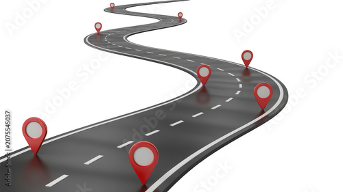 Winding road with red map location pins isolated on transparent background