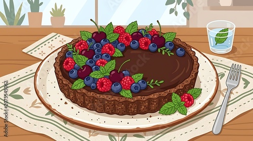 Chocolate tart with mixed berries on a plate with fork and glass of water on wooden table