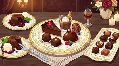 Rich chocolate dessert assortment on elegant table setting
