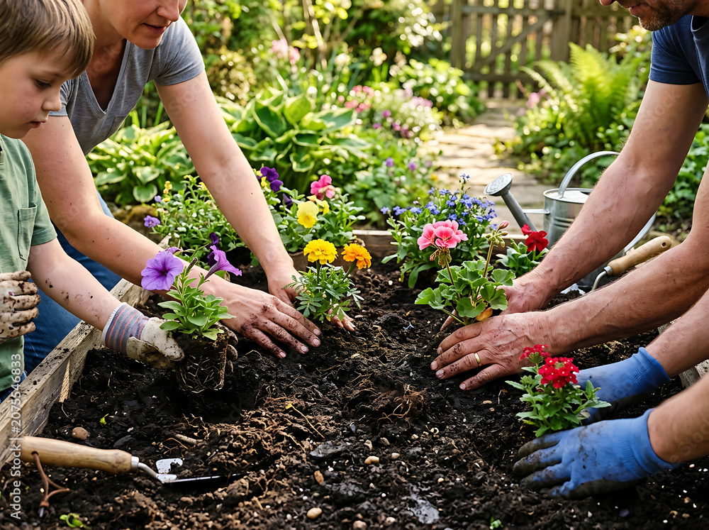 Fototapeta premium A family, including two adults and a child, actively engaged in planting colorful flowers in a raised garden bed on a sunny day, enjoying a shared outdoor gardening activity.