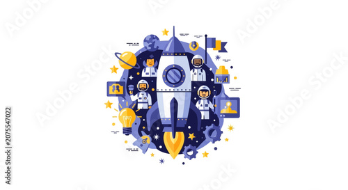 Creative Startup Launch Concept Illustration with Rocketship and Astronaut Team