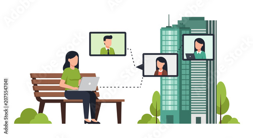 Remote Work Concept Illustration with Woman on Laptop Participating in Online Video Conference Meeting from a Park Bench Connected to Office Colleagues