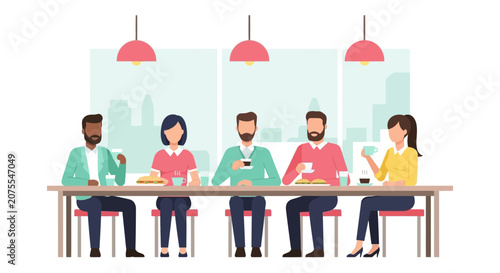 Diverse Group of Coworkers Having Lunch Break or Meeting in a Modern Cafe Flat Vector Illustration