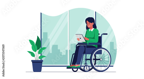 Flat Vector Illustration of a Smiling Woman in a Wheelchair Using a Tablet in a Modern Office, Workspace Accessibility and Diversity Concept