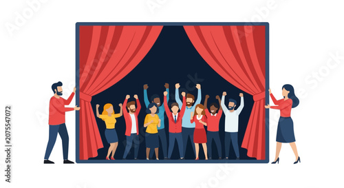 Celebration on Stage with Open Red Curtains: Diverse Team Cheering for Success, Performance, or Grand Opening Event - Flat Vector Illustration