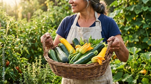 Smiling woman holding a basket of freshly harvested organic zucchini in a sunny garden.