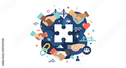 Diverse Hands Shaking in Circle with Puzzle Piece - Business Teamwork and Collaboration Concept Vector for Global Partnership, Inclusion, and Community Unity