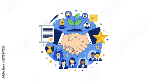 Business Partnership and Collaboration Concept Illustration; Corporate Handshake for Successful Agreement, Teamwork, and Professional Growth