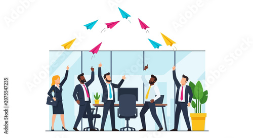 Business Team Throwing Colorful Paper Airplanes in Modern Office, Creative Startup Concept, Teamwork and Innovative Ideas Launch, Flat Vector Illustration