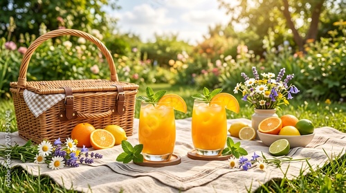 Summer picnic with fresh orange juice and basket in sunny garden.
