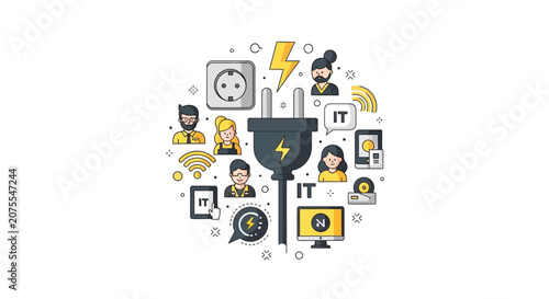 IT Support and Technology Infrastructure Concept Illustration with Power Plug, Tech Professionals, and Digital Connectivity Icons