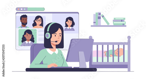 Working Mother in Video Conference at Home with Sleeping Baby in Crib Vector Illustration