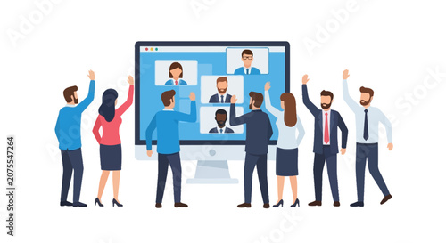 Business team having a video conference call on a large computer screen, remote work and global collaboration concept vector illustration