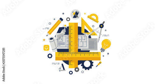 Architectural Design Concept with Engineering Tools, Blueprints, and Creative Lightbulb Vector Illustration