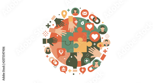 Diverse Community Collaboration and Global Teamwork Concept with Hands, Jigsaw Puzzle and Social Icons for Unity and Partnership