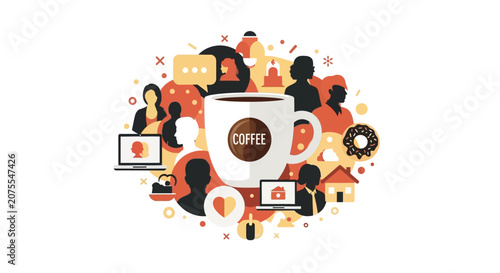 Conceptual Illustration of Coffee Culture, Remote Work Lifestyle, and Business Networking with People Silhouettes and Technology Icons on White Background