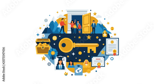 Golden Key to Success Illustration with Family, Education, Financial Security, and Healthcare Icons - Conceptual Vector for Life Achievements and Goals