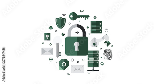 Cyber Security and Data Protection Concept Illustration. Flat Vector Icons for Network Safety, Privacy, Encryption, and Information Technology on White Background.