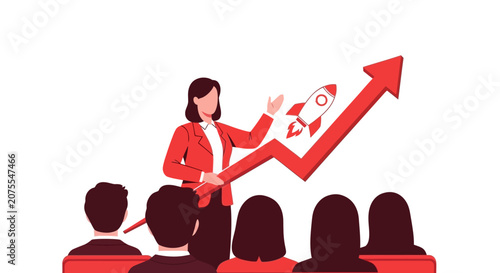 Business Growth Presentation Illustration with Female Leader, Launching Rocket, and Rising Arrow Graph