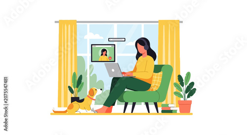 Woman working from home vector illustration, remote work with dog, online video conference meeting on laptop, freelance home office concept.